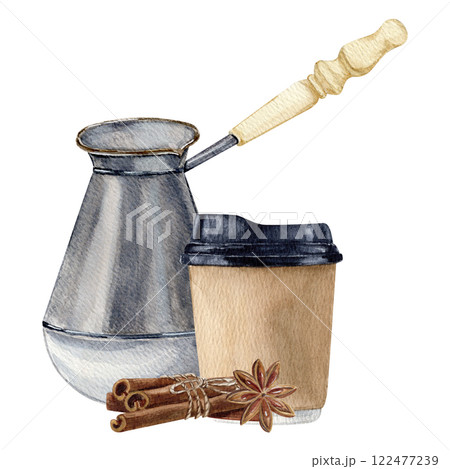 Watercolor composition of a metal Turk with a wooden handle, a cup of coffee with a lid and cinnamon sticks and anise Watercolor composition of a metal Turk with a wooden handle, a cup of coffee with a lid and cinnamon sticks and anise 122477239