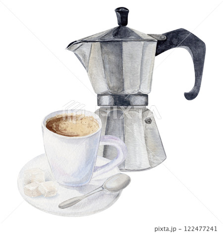Watercolor composition with cup of espresso on a saucer with a spoon and refined sugar and geyser metal coffee maker Watercolor composition with cup of espresso on a saucer with a spoon and refined sugar and geyser metal coffee maker 122477241