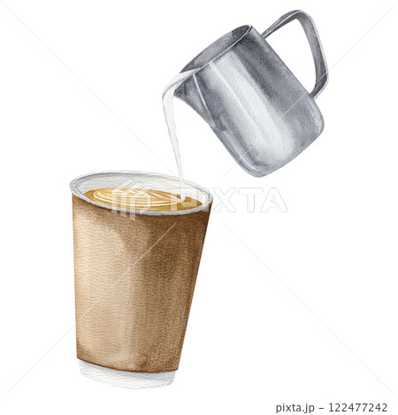 Watercolor with of a takeaway coffee in paper cup without lid with addition of milk from stainless steel milk frothing pitcher Watercolor with of a takeaway coffee in paper cup without lid with addition of milk from stainless steel milk frothing pitcher 122477242