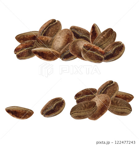 Watercolor set of two of pile roasted coffee beans isolated on a white background 122477243
