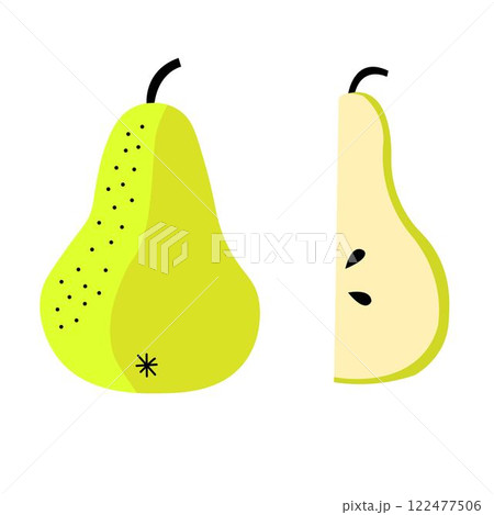Illustration of a green pear whole and sliced with seeds on white background in flat style 122477506