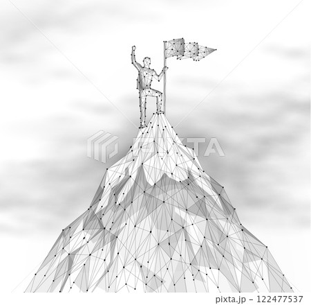 Man stands on the top of mountain. Company leader, Achieve victory. 122477537