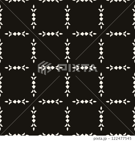 Simple minimalist floral pattern. Minimal seamless texture with small flower shapes. Abstract black and white geometric background. For print, package Simple minimalist floral pattern. Minimal seamless texture with small flower shapes. Abstract black and white geometric background. For print, package 122477545