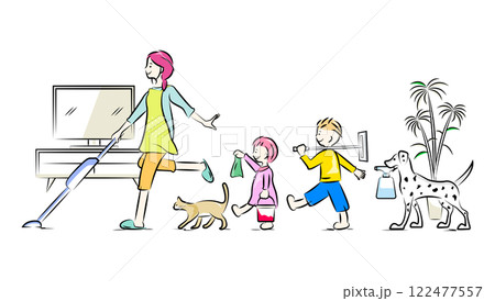 掃除機をかける主婦とお手伝いをする男の子と女の子、猫と犬｜家族シリーズ 122477557