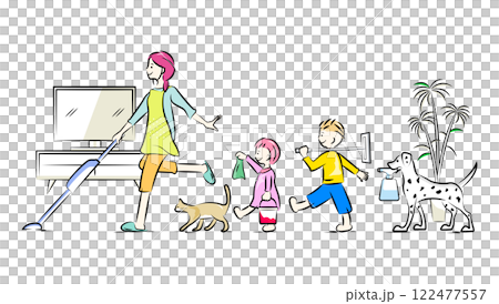 掃除機をかける主婦とお手伝いをする男の子と女の子、猫と犬｜家族シリーズ 122477557