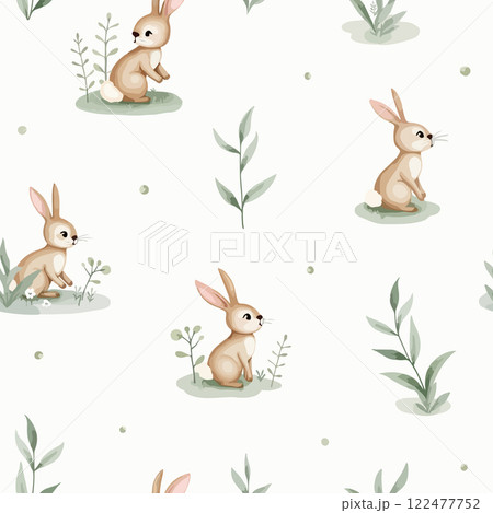 Spring watercolor seamless pattern with cute bunny. Happy Easter print in pastel colors. Spring watercolor seamless pattern with cute bunny. Happy Easter print in pastel colors. 122477752