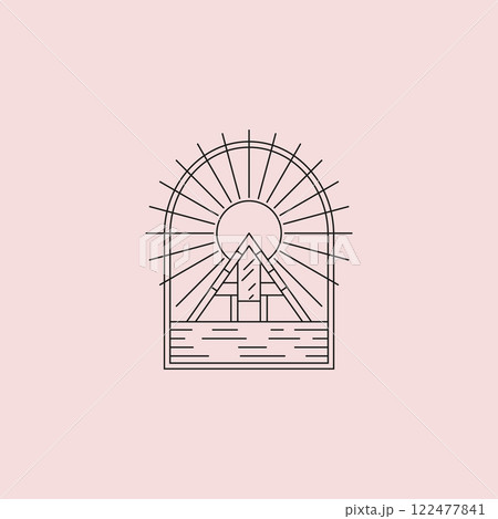 sunburst cabin line art vector illustration design, shirt print vector 122477841