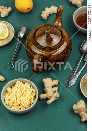 Herbal hot drink with ginger root. Herbal hot drink with ginger root. 122478118