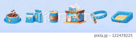3d set of pet shop building, food and accessories cartoon render icon. Isolated domestic animal store exterior, cat or dog bowl, bed, collar, feed can and bag. Petshop business goods. 3D illustration 3d set of pet shop building, food and accessories cartoon render icon. Isolated domestic animal store exterior, cat or dog bowl, bed, collar, feed can and bag. Petshop business goods. 3D illustration 122478225