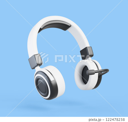 3d headphones with microphone for call center, video conference, webinar communication, game voice chat or streaming. Dj headset, earphones with sound speaker, isolated render icon. 3D illustration 122478238