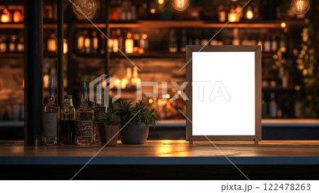 Mock up label the blank menu frame in bar restaurant blurred background can inserting the text of the customer. Created with Generative AI. 122478263