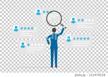 虫眼鏡でカスタマーレビューを分析するビジネスマンのイラスト 122478539