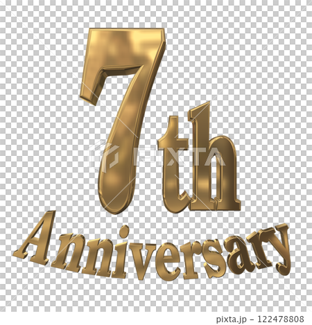 3DCG 字母“7 週年/七週年紀念標誌閃亮”金色，金色 122478808