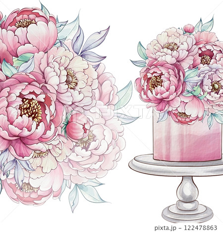 Lush peonies bloom vibrantly in shades of pink and white, elegantly arranged atop a delicate cake stand with soft green foliage template, background Lush peonies bloom vibrantly in shades of pink and white, elegantly arranged atop a delicate cake stand with soft green foliage template, background 122478863