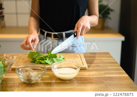 Young woman preparing healthy vegetable salad in minimal kitchen Young woman preparing healthy vegetable salad in minimal kitchen 122478875