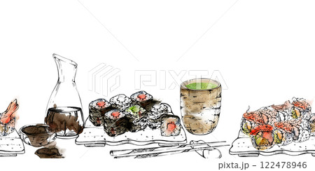 Traditional Japanese food, served sushi rolls set with raw fish, soy sauce, matcha tea and chopsticks, hand drawn in watercolor and ink. Seamless banner for restaurant, cafe menu, kitchen, recipe book Traditional Japanese food, served sushi rolls set with raw fish, soy sauce, matcha tea and chopsticks, hand drawn in watercolor and ink. Seamless banner for restaurant, cafe menu, kitchen, recipe book 122478946