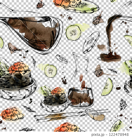 Japanese food, gunkan sushi with raw fish salmon caviar, cucumber slices in ceramic bowl, soy sauce, chopsticks, hand drawn in watercolor, ink. Seamless pattern for restaurant, cafe menu, recipe book 122478948