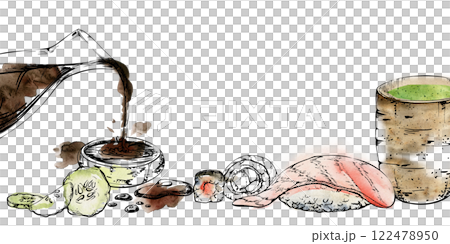 Japanese food nigiri sushi roll, raw fish salmon tuna seabass caviar cucumber, soy sauce jar bowl, matcha tea hand drawn in watercolor, ink. Illustration restaurant, cafe menu, kitchen, recipe book 122478950