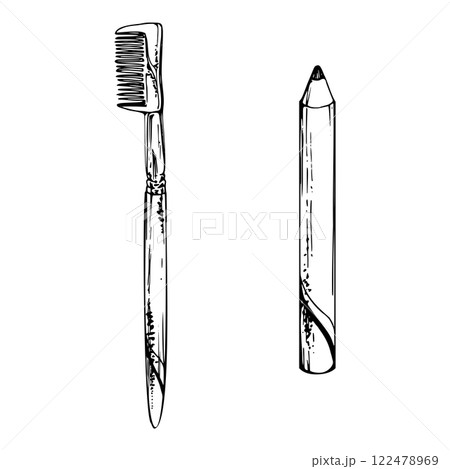 Make-up mascara brush eyebrow eyelash, pencil crayon artistic tool eyeliner. Isolated object, detailed line vector sketch, ink hand drawn. Beauty parlor salon illustration, packaging, cosmetics shop Make-up mascara brush eyebrow eyelash, pencil crayon artistic tool eyeliner. Isolated object, detailed line vector sketch, ink hand drawn. Beauty parlor salon illustration, packaging, cosmetics shop 122478969
