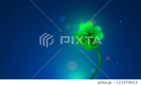 Four-leaf clover against clear evening sky. Magic 4 leaf clover that brings good luck. Clover with four leaves is an Irish symbol of luck. One minimalistic Clover background for St. Patrick Day. 122479013