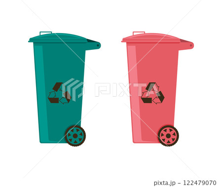 Trash can. Plastic garbage collection tank. A red and green trash can. A garbage recycling bin. Vector illustration isolated on a white background Trash can. Plastic garbage collection tank. A red and green trash can. A garbage recycling bin. Vector illustration isolated on a white background 122479070
