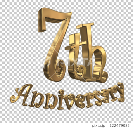 3DCG 字母“7 週年/七週年紀念標誌閃亮”金色，金色 122479085
