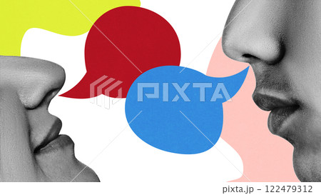 Conceptual graphic design. Two faces in close dialogue, large red and blue speech bubbles overlapping, surrounded by colorful abstract elements, symbolizing exchange. 122479312
