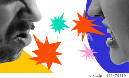 Conceptual artwork. Angry couple shouting, explosive orange and blue bursts surrounding them, visualizing heated argument and intensity of conversation. Conceptual artwork. Angry couple shouting, explosive orange and blue bursts surrounding them, visualizing heated argument and intensity of conversation. 122479319