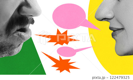 Conceptual graphic design. Man with mustache and woman in profile, exchanging speech bubble in surreal communication scene with abstract colors. Conceptual graphic design. Man with mustache and woman in profile, exchanging speech bubble in surreal communication scene with abstract colors. 122479325