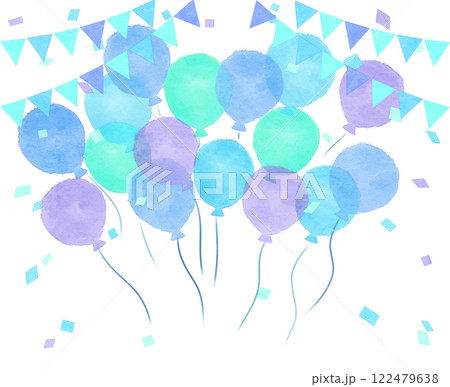 空に浮かぶ風船と紙吹雪　ガーランド　水彩　水色　青 122479638