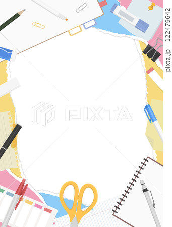 破れた紙と文房具の背景フレーム、縦向き 122479642