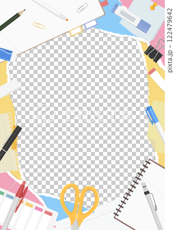 破れた紙と文房具の背景フレーム、縦向き 122479642