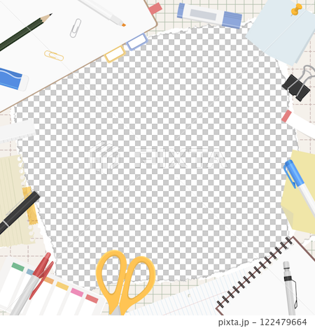 撕破的方格紙和文具背景框，正方形 122479664