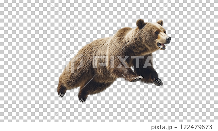 Bear jumps gracefully in a side view, showcasing power and agility in its natural movement 122479673