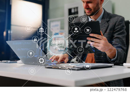 Digital transformation technology strategy, Person using laptop, tablet and smartphone with of things. transformation of ideas and the adoption. Digital transformation technology strategy, Person using laptop, tablet and smartphone with of things. transformation of ideas and the adoption. 122479768