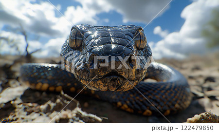 Close encounter with a striking black snake in natural habitat under a bright sky at midday 122479850