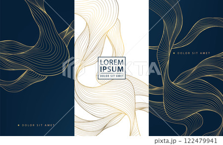 Vector set of line wave luxury patterns, fancy labels, wine package design. Gold on white and blue elegant japanese style graphic, curve ornament. Vector set of line wave luxury patterns, fancy labels, wine package design. Gold on white and blue elegant japanese style graphic, curve ornament. 122479941