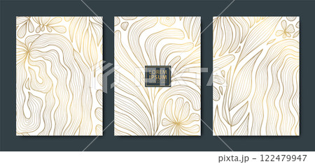 Vector set of luxury art flowers, line leaves floral background, covers, illustrations. Elegant deco floral design, gold print, vintage modern wallpaper. Vector set of luxury art flowers, line leaves floral background, covers, illustrations. Elegant deco floral design, gold print, vintage modern wallpaper. 122479947
