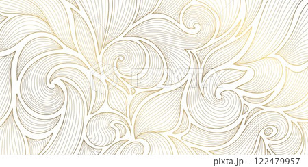 Vector art deco floral pattern, wavy luxury golden line background. Leaves texture, line design for interior, textile, poster, package, wrappers, gifts 122479957