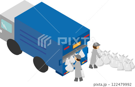 アイソメトリックなごみ収集車とごみを回収している作業員のイラスト 122479992