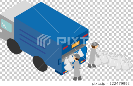 等距垃圾車和工人收集垃圾插畫 122479992