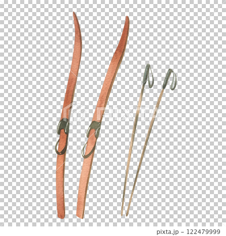 Retro red-brown skis with boot bindings with ski poles stuck in snow. Watercolor winter illustration hand drawn. Set of individual elements isolated from background Retro red-brown skis with boot bindings with ski poles stuck in snow. Watercolor winter illustration hand drawn. Set of individual elements isolated from background 122479999
