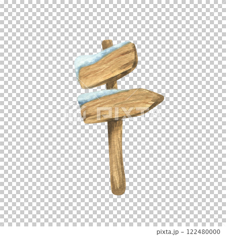 Information pole with arrow boards wooden for direction and way indication, with snow. Watercolor winter illustration hand drawn. Separate element object isolated from background. Information pole with arrow boards wooden for direction and way indication, with snow. Watercolor winter illustration hand drawn. Separate element object isolated from background. 122480000