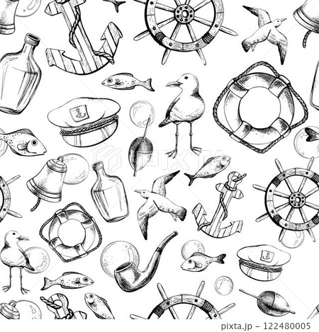 Marine theme with ship wheel, lifebuoy, seagulls, bell, pop-up, bottle of rum and anchor. Graphic illustration line art in black and white monochrome, hand drawn with ink. Seamless pattern Marine theme with ship wheel, lifebuoy, seagulls, bell, pop-up, bottle of rum and anchor. Graphic illustration line art in black and white monochrome, hand drawn with ink. Seamless pattern 122480005