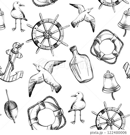 Marine theme with ship wheel, lifebuoy, seagulls, bell, pop-up, bottle of rum and anchor. Graphic illustration line art in black and white monochrome, hand drawn with ink. Seamless pattern 122480006