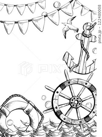 Lifebuoy, ship s wheel, anchor floating on the waves and flags. Graphic illustration on a nautical theme, hand-drawn line art in black and white monochrome. Vertical rectangular frame template Lifebuoy, ship s wheel, anchor floating on the waves and flags. Graphic illustration on a nautical theme, hand-drawn line art in black and white monochrome. Vertical rectangular frame template 122480008