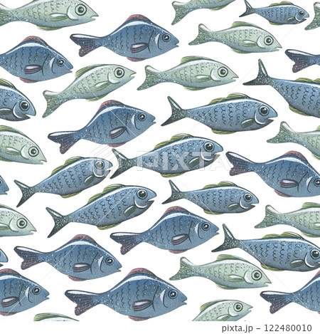 Simple fish and bubbles in a watercolor, seamless pattern. A flock, a school of fish, in blue-gray color. For decoration and design of fabrics, textiles, wallpaper, covers, equipment of fishermen Simple fish and bubbles in a watercolor, seamless pattern. A flock, a school of fish, in blue-gray color. For decoration and design of fabrics, textiles, wallpaper, covers, equipment of fishermen 122480010