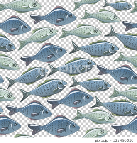 Simple fish and bubbles in a watercolor, seamless pattern. A flock, a school of fish, in blue-gray color. For decoration and design of fabrics, textiles, wallpaper, covers, equipment of fishermen Simple fish and bubbles in a watercolor, seamless pattern. A flock, a school of fish, in blue-gray color. For decoration and design of fabrics, textiles, wallpaper, covers, equipment of fishermen 122480010