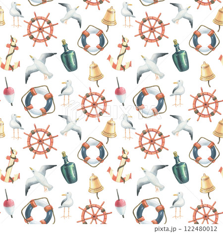 Watercolor illustration with anchor, seagulls, steering wheel, lifebuoy, rynda, bottle, float. Seamless pattern on the theme of sea fishing. For decoration and design of, fabrics, textiles, wallpaper 122480012