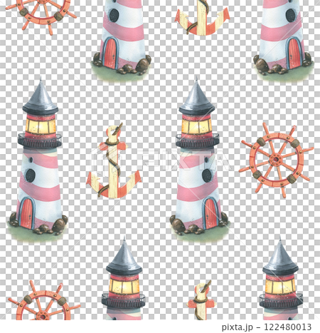 Seamless marine pattern on a white background with lighthouses, steering wheels and anchors. Watercolor illustration. For fabric, textiles, wallpaper, paper, packaging, children's products 122480013
